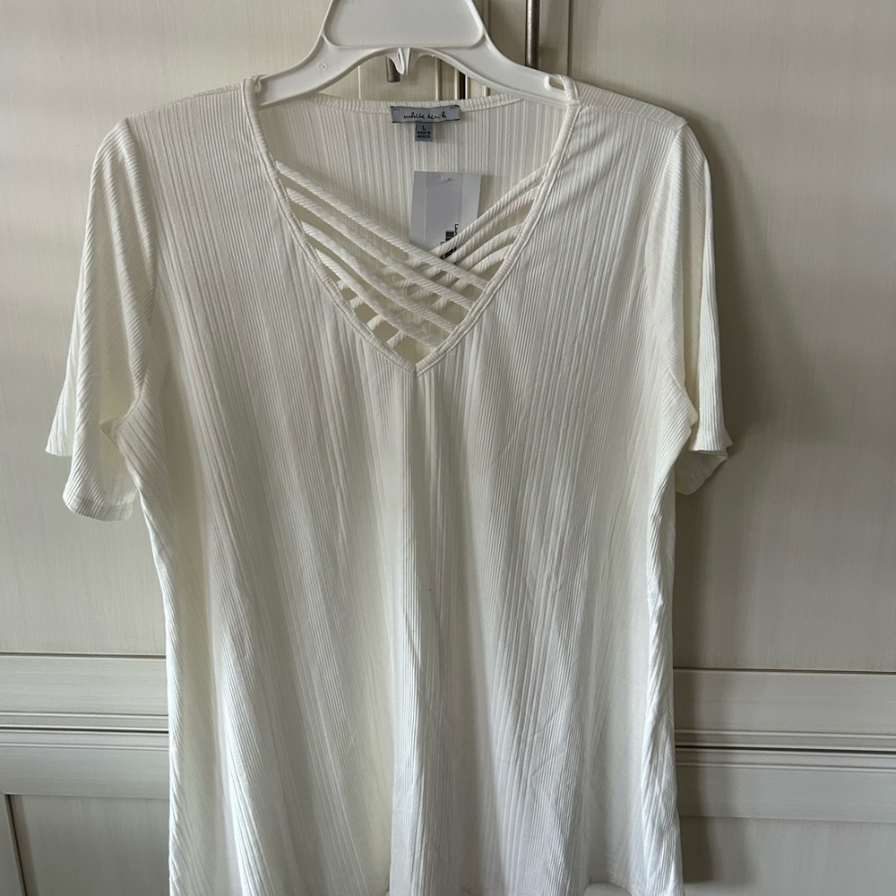 White Birch Cream Short Sleeve Top with Strappy V-Neck